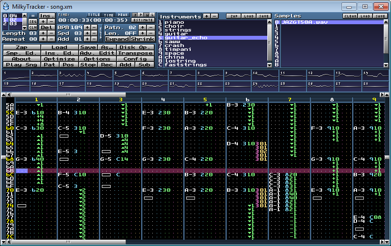 I used MilkyTracker to compose the original song. The instrument sample data is stripped off the final module file and replaced with offsets and lengths in gm.dls.