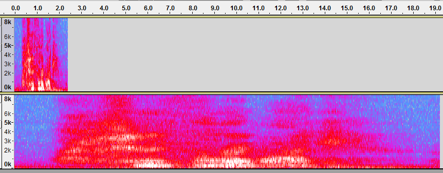 Original audio (top) and stretched audio (bottom) done with Audacity’s Paulstretch effect. Note how the frequencies also get smeared across the spectrum (y-axis).