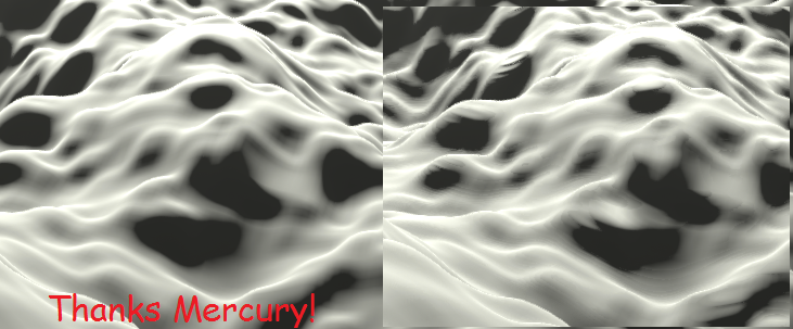 Landscape rendering with fixed point iteration enhancement (left) and with regular raymarching (right). Note the nasty ripple artifacts in the picture on the right.