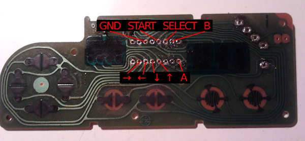 Empty circuit board of the NES controller. Pins for the buttons are marked in red. Full size
