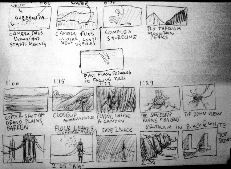 The storyboard differs from the final intro. For example the brutalist architecture was dropped. The full storyboard.