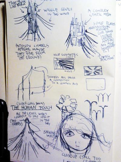 Early sketches of citadel towers and ambitious human characters. Full size.